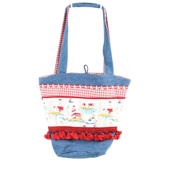 Handcrafted Handsewn Lighthouse Plaid Denim Embellished Lined Shoulder Purse Bag - Picture 2 of 16